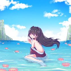 Rule 34 | 1girl, assault lily, back, bag, bare back, bare legs, bare shoulders, barefoot, black hair, blue sky, blunt bangs, breasts, building, closed eyes, cloud, convenient arm, crying, crying with eyes open, day, floating hair, flower, flower on liquid, grin, hair intakes, hand up, highres, japanese clothes, kimono, kurokawa nadi hanna, long hair, long sleeves, medium breasts, naked kimono, ocean, off shoulder, outdoors, overgrown, parted lips, partially submerged, pink flower, pinky out, red kimono, ruins, shallow water, shoulder bag, sitting, sky, smile, solo, tears, teisuu, very long hair, wariza, water