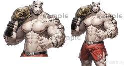 Rule 34 | 1boy, abs, absurdres, animal ears, arknights, bara, beard, biceps, collage, cropped legs, facial hair, feet out of frame, furry, furry male, goatee, highres, large belt, large pectorals, looking at viewer, male focus, mountain (arknights), muscular, muscular male, nipples, pectorals, red shorts, sample watermark, scar, scar across eye, scar on arm, short hair, shorts, side slit, stomach, tengo (maotengo), thick eyebrows, tiger boy, tiger ears, topless male, watermark, white hair, wrestling outfit