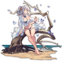 Rule 34 | 1girl, beach, bikini, bracelet, breasts, bug, butterfly, flower, green eyes, grey hair, hair flower, hair ornament, insect, jewelry, looking at viewer, mahjong soul, ocean, official art, parted lips, side ponytail, solo, swimsuit, tachi-e, teeth, transparent background, tree, yagi yui, yostar