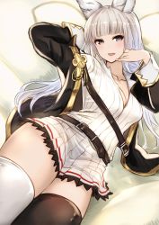 Rule 34 | 10s, 1girl, akai kagerou, animal ears, arm behind head, asymmetrical legwear, bad id, bad twitter id, belt, black jacket, black legwear, blunt bangs, blush, breasts, cleavage, collarbone, commentary request, dress, erune, granblue fantasy, grey eyes, hand on own chin, highres, jacket, korwa, long hair, looking at viewer, lying, medium breasts, mismatched legwear, on back, open clothes, open jacket, open mouth, ribbed dress, silver hair, sleeve cuffs, smile, solo, thighs, white dress, white legwear
