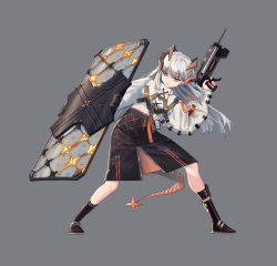 Rule 34 | 1girl, 4tr33, absurdres, arknights, ballistic shield, black footwear, black skirt, boots, chest strap, commentary request, dragon girl, dragon horns, dragon tail, earrings, feathers, frown, full body, grey background, hand up, high-waist skirt, highres, holding, holding shield, holding weapon, horns, jewelry, leaning to the side, long hair, looking away, orange eyes, parted lips, riot shield, saria (arknights), shield, shirt, silver hair, simple background, skirt, solo, stud earrings, syringe gun, tail, v-shaped eyebrows, weapon, white shirt, wide sleeves