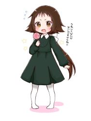 Rule 34 | 1girl, blush, bow, brown eyes, brown hair, candy, collared dress, colored shadow, dress, fang, flying sweatdrops, food, forehead, full body, green dress, hair bow, holding, holding candy, holding food, holding lollipop, lollipop, long sleeves, low ponytail, mikakunin de shinkoukei, mitsumine mashiro, no shoes, open mouth, pantyhose, pigeon-toed, pleated dress, ponytail, puffy long sleeves, puffy sleeves, shadow, shika (s1ka), sleeves past wrists, solo, standing, star (symbol), swirl lollipop, v-shaped eyebrows, white background, white bow, white pantyhose