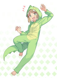 Rule 34 | + +, 1girl, :d, arm up, barefoot, dinosaur costume, full body, green eyes, highres, hood, hood up, hozuki momiji, light brown hair, long sleeves, looking at viewer, onesie, onii-chan wa oshimai!, open mouth, saiste, simple background, smile, solo, tail, toes, white background, zipper pull tab