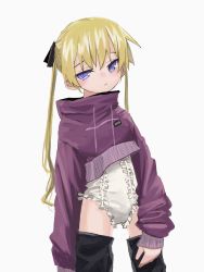 Rule 34 | 1girl, absurdres, bad id, bad twitter id, black thighhighs, blonde hair, blush, cowboy shot, cropped sweater, gishiki (gshk), highres, kill me baby, leotard, long sleeves, looking at viewer, parted lips, purple eyes, purple sweater, simple background, solo, sonya (kill me baby), standing, sweater, thighhighs, twintails, white background, white leotard