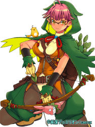 Rule 34 | 1girl, arrow (projectile), bow (weapon), breasts, brown hair, cape, cleavage, copyright name, elf, eroe, glasses, gloves, hood, junketsu duelion, lara ellet, official art, pointy ears, short hair, simple background, solo, weapon, white background, yellow eyes