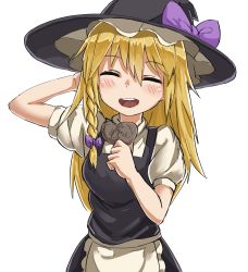 Rule 34 | 1girl, apron, black hat, black skirt, black vest, blonde hair, blush, bow, braid, candy, chocolate, chocolate heart, closed eyes, commentary request, cookie (touhou), cowboy shot, food, hair between eyes, hair bow, hat, hat bow, heart, highres, holding, holding chocolate, holding food, kirisame marisa, long hair, nob1109, open mouth, puffy short sleeves, puffy sleeves, purple bow, shirt, short sleeves, side braid, simple background, single braid, skirt, solo, touhou, uzuki (cookie), vest, waist apron, white apron, white background, white shirt, witch hat