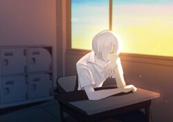 Rule 34 | 1boy, absurdres, chinese commentary, classroom, closed mouth, collared shirt, colored eyelashes, commentary request, elbow on table, head rest, highres, indoors, kyoko (akakikyoko), male focus, on chair, original, shirt, short hair, sitting, solo, white hair, white shirt, yellow eyes