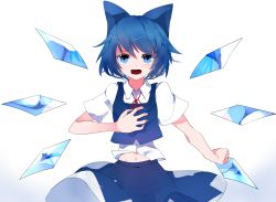 Rule 34 | 1girl, blue bow, blue dress, blue eyes, blue hair, blue skirt, bow, cirno, dress, fairy wings, hair bow, ice, ice wings, ikurauni, looking at viewer, navel, open mouth, puffy short sleeves, puffy sleeves, ribbon, shirt, short hair, short sleeves, simple background, skirt, solo, touhou, white background, white shirt, wings