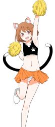 Rule 34 | 1girl, :d, absurdres, animal ear fluff, animal ears, arm up, armpits, bare legs, brown hair, cat ears, cat tail, cheerleader, chen, collarbone, commentary request, crop top, flat chest, foot out of frame, groin, hand up, happy, highres, holding, holding pom poms, looking at viewer, miniskirt, multiple tails, navel, nekomata, no earrings, no headwear, open mouth, orange skirt, panties, pantyshot, paw print, petite, pink eyes, pom pom (cheerleading), pom poms, shiisuu rattamu, short hair, simple background, skirt, smile, solo, standing, standing on one leg, stomach, tail, teeth, touhou, two tails, underwear, upper teeth only, white background, white panties