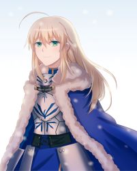 Rule 34 | 1girl, absurdres, ahoge, alternate hairstyle, armor, artoria pendragon (fate), blonde hair, blue cape, blue dress, breastplate, cape, dress, fate/stay night, fate (series), fur-trimmed cape, fur trim, green eyes, hair between eyes, hair down, highres, lelejiang, long hair, saber (fate), smile, solo, white background