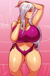 Rule 34 | 1girl, arms up, bare shoulders, bikini, bracelet, breasts, choker, cleavage, curvy, eyelashes, closed eyes, highres, huge breasts, jewelry, lipstick, long hair, makeup, midriff, pink lips, raldu, selvaria bles, senjou no valkyria (series), solo, standing, swimsuit, thick lips, white hair, wide hips