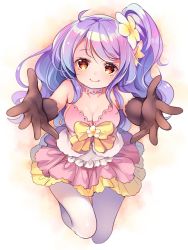 Rule 34 | 1girl, bow, breasts, cleavage, commentary request, flower, flower knight girl, gloves, hair flower, hair ornament, highres, long hair, looking at viewer, medium breasts, mg kurino, one side up, pantyhose, plumeria (flower knight girl), purple hair, reaching, red eyes, smile, solo, white background, white pantyhose