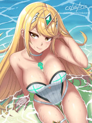 Rule 34 | 1girl, blonde hair, breasts, chest jewel, cleavage, cslucaris, earrings, jewelry, large breasts, mythra (radiant beach) (xenoblade), mythra (xenoblade), one-piece swimsuit, shorts, solo, swept bangs, swimsuit, three-tone swimsuit, tiara, wet, white one-piece swimsuit, xenoblade chronicles (series), xenoblade chronicles 2, yellow eyes
