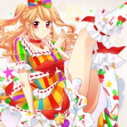 Rule 34 | 10s, 1girl, aikatsu!, aikatsu! (series), blonde hair, dress, earrings, ice (aitsugai), jewelry, long hair, looking at viewer, multicolored clothes, multicolored dress, natsuki mikuru, necklace, red eyes, solo, thighhighs