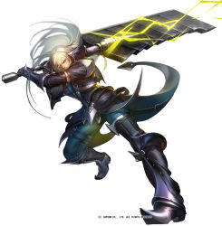 Rule 34 | 1boy, armor, blue pants, boots, cleaver, closed mouth, coat, eyes visible through hair, foreshortening, full body, gauntlets, holding, holding weapon, huge weapon, incoming attack, jacket, liduke, long hair, long sleeves, looking at viewer, male focus, monster hunter (series), official art, pants, pointy footwear, scar, scar across eye, scar on face, shoulder pads, silver hair, simple background, solo, watermark, weapon, white background