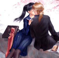 Rule 34 | 2girls, age difference, androgynous, black hair, blonde hair, book, couple, gift, kiss, long hair, lowres, multiple girls, ponytail, s zenith lee, school uniform, tagme, yuri