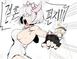 2girls absurdres ahoge blue_eyes bracelet breasts cape collar elphelt_valentine guilty_gear guilty_gear_strive hairband highres huge_ahoge jewelry leotard middle_finger multiple_girls nangnangnang pink_bracelet pink_hairband ramlethal_valentine smile spiked_bracelet spiked_collar spiked_hairband spikes white_hair yellow_eyes