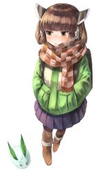 Rule 34 | 1girl, :o, absurdres, backpack, bag, blush, boots, brown eyes, brown footwear, brown hair, brown pantyhose, checkered clothes, checkered scarf, coat, earmuffs, full body, fur-trimmed boots, fur trim, green coat, hands in pockets, highres, long sleeves, netamaru, open mouth, pantyhose, pleated skirt, pocket, purple skirt, scarf, short hair, simple background, skirt, snow rabbit, solo, touhoku kiritan, voiceroid, white background