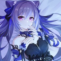 Rule 34 | 1girl, absurdres, bare shoulders, blush, breasts, closed mouth, double bun, dress, genshin impact, hair bun, hair ornament, highres, keqing (genshin impact), keqing (opulent splendor) (genshin impact), long hair, looking at viewer, nail polish, purple eyes, purple hair, saika2017, smile, solo, strapless, strapless dress, two-tone dress, two side up