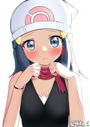 Rule 34 | 1girl, absurdres, beanie, black shirt, blue eyes, blush, bracelet, character name, closed mouth, creatures (company), crying, dawn (pokemon), eyelashes, game freak, hair ornament, hairclip, hands up, hat, highres, hikari (knuckles97), jewelry, long hair, looking at viewer, nintendo, pink scarf, pokemon, pokemon (anime), pokemon dppt (anime), raised eyebrows, scarf, shirt, sidelocks, sleeveless, sleeveless shirt, solo, tears, upper body, white hat