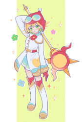 Rule 34 | amitie (puyopuyo), beanie, blonde hair, blue flower, blue skirt, boots, coat, flower, full body, gloves, green eyes, green flower, hat, highres, holding, holding staff, kashima miyako, looking at viewer, pink flower, puyopuyo, puyopuyo fever, red amitie, red flower, red gloves, red headwear, short hair, skirt, smile, staff, standing, thigh boots, white coat, white footwear