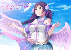 Rule 34 | 10s, 1girl, angel wings, bare shoulders, blush, breasts, character name, detached collar, detached sleeves, dress, feathers, female focus, flower, ginopi, green eyes, hair flower, hair ornament, happy birthday, headphones, headset, highres, large breasts, long hair, love live!, love live! school idol festival, love live! school idol project, microphone, purple hair, ribbon, rose, sky, smile, solo, strapless, strapless dress, tojo nozomi, twintails, wings