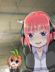 Rule 34 | 2girls, black cardigan, black ribbon, blue eyes, blunt bangs, blurry, blurry background, blush, breast rest, breasts, butterfly hair ornament, cardigan, chibi, cleavage, collarbone, collared shirt, danbel man, dot nose, dress shirt, eyebrows hidden by hair, go-toubun no hanayome, green ribbon, hair ornament, hair ribbon, hands up, highres, hospital, indoors, large breasts, looking at viewer, medium hair, meme, metal gear (series), metal gear solid v: the phantom pain, multiple girls, nakano nino, nakano yotsuba, nine years in a coma (meme), open cardigan, open clothes, open mouth, orange hair, parody, pink hair, ribbon, shirt, siblings, sisters, sleeves past wrists, smile, teeth, tongue, upper teeth only, white shirt