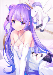Rule 34 | 1girl, ahoge, atori, azur lane, black bow, black ribbon, blush, bow, breasts, closed mouth, collarbone, criss-cross halter, detached sleeves, dress, hair bun, hair ribbon, halterneck, highres, long hair, looking at viewer, one side up, purple eyes, purple hair, ribbon, side bun, single hair bun, single side bun, sitting, small breasts, smile, solo, stuffed animal, stuffed toy, stuffed unicorn, stuffed winged unicorn, unicorn (azur lane), v arms, very long hair, white dress