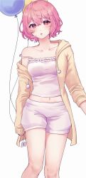 Rule 34 | 1girl, absurdres, balloon, fill 333, highres, indie utaite, jacket, midriff, navel, nqrse, open mouth, pink eyes, pink hair, shirt, short hair, shorts, solo, stomach, utaite, white shirt, white shorts, yellow hood, yellow jacket