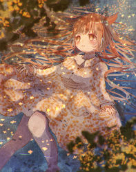 1girl blush bow brown_hair dress feerie flower hair_bow highres in_water long_hair looking_away looking_to_the_side orange_eyes original osmanthus pale_skin smile solo water