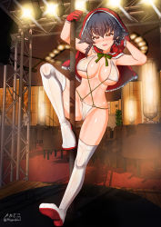 Rule 34 | 1girl, bikini, black hair, blush, boots, braid, breasts, brown eyes, cameltoe, capelet, christmas, fur trim, girls und panzer, hat, highres, indoors, large breasts, looking at viewer, megadeko, navel, open mouth, pepperoni (girls und panzer), pole dancing, santa hat, shiny skin, short hair, smile, solo, swimsuit, thigh boots, thighhighs, white bikini, white thighhighs