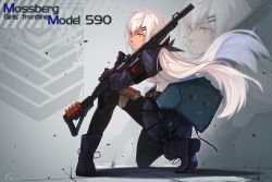Rule 34 | 1girl, ammunition belt, ankle boots, armband, armor, bandolier, belt, black footwear, black gloves, black pantyhose, black ribbon, boots, breasts, bucket, character name, clip, cross-laced footwear, dark-skinned female, dark skin, floating hair, full body, girls&#039; frontline, gloves, grass, griffin &amp; kryuger, grifon&amp;kryuger, gun, hair ornament, hair ribbon, hairclip, highres, holding, holding gun, holding weapon, jacket, lace-up boots, long hair, looking away, low twintails, m590 (girls&#039; frontline), medium breasts, migime no yuugure, mossberg 590, on one knee, pantyhose, parted lips, pleated skirt, pouch, pump action, ribbon, shield module, shirt, shotgun, shotgun shell, skirt, solo, strap, tan, thigh strap, twintails, very long hair, weapon, white hair, wind, yellow eyes