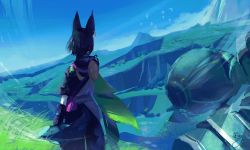 Rule 34 | 1boy, absurdres, animal ears, bird, black gloves, black hair, blue sky, cloud, commentary, day, earrings, english commentary, fox boy, fox ears, fox tail, from behind, genshin impact, gloves, grass, highres, jewelry, kitsunekotori, male focus, mountain, outdoors, scenery, signature, single earring, sky, solo, standing, tail, tighnari (genshin impact)