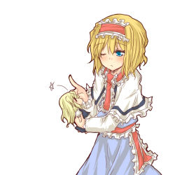 Rule 34 | 1girl, alice margatroid, blonde hair, blue eyes, blush, capelet, character doll, doll, dress, female focus, flick, hairband, kirisame marisa, natsuk, one eye closed, short hair, simple background, solo, touhou, white background, wink