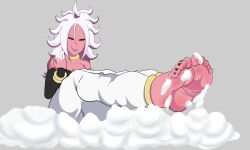 Rule 34 | absurdres, android 21, barefoot, dragon ball, dragon ball fighterz, happy, highres, leaning forward, red eyes, sitting, smile, spread legs, tongue, whipped cream, white hair