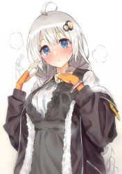 Rule 34 | 1girl, afterimage, ahoge, black jacket, blue eyes, braid, breasts, collared shirt, commentary, dress, eyebrows hidden by hair, fanning face, fanning self, fingerless gloves, gloves, gradient background, grey background, grey dress, grey hair, hair between eyes, hair ornament, hand up, jacket, kizuna akari, kotarou (rakugaki shirushi), long hair, long sleeves, looking at viewer, medium breasts, off shoulder, open clothes, open jacket, orange gloves, parted lips, shirt, solo, star (symbol), striped clothes, striped gloves, symbol-only commentary, twin braids, upper body, vertical-striped clothes, vertical-striped gloves, very long hair, voiceroid, white background, white shirt