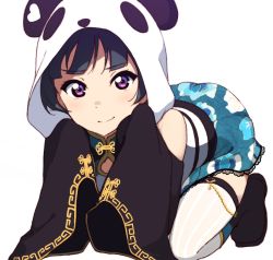 Rule 34 | 1girl, all fours, animal hood, bad id, bad pixiv id, black footwear, blue hair, blue skirt, chinese clothes, detached sleeves, highres, hood, icehotmilktea, looking at viewer, love live!, love live! school idol festival, love live! sunshine!!, panda hood, purple eyes, simple background, skirt, sleeves past fingers, sleeves past wrists, smile, solo, thigh strap, thighhighs, tsushima yoshiko, white background, white thighhighs