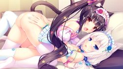 Rule 34 | 10s, 2girls, :d, aftersex, all fours, animal ears, ass, ass grab, back, bare shoulders, bed, bell, black hair, blue eyes, blunt bangs, blush, bottomless, bow, breasts, breasts out, cat ears, cat tail, chocola (nekopara), choker, cum, cum on hair, detached sleeves, facial, feet, flower, frills, from side, game cg, hair bow, hair flower, hair ornament, hairband, hug, indoors, legs, lolita fashion, lolita hairband, long hair, looking at viewer, low twintails, lying, multiple girls, nail polish, nekopara, nipples, no shoes, on back, on bed, open mouth, pillow, puffy sleeves, purple legwear, ribbon, rose, sayori (neko works), skindentation, small breasts, smile, spread legs, strap slip, sweat, tail, thighs, twintails, vanilla (nekopara), very long hair, white hair, white legwear, wrist ribbon