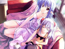 Rule 34 | 00s, 2girls, between legs, blue hair, closed eyes, couch, dress, from above, half updo, hand between legs, leaning on person, looking up, minamino kanata, multiple girls, nerine, pointy ears, primula, red eyes, shuffle!, sitting, sleeping, sleeping on person, thighhighs, window