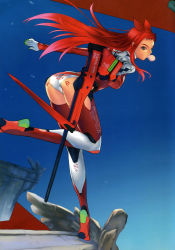 Rule 34 | 1girl, absurdres, animal ears, ass, bent over, blue sky, bodysuit, blowing bubbles, chewing gum, clothes writing, day, eulen spiegel, eulenspiegel, gradient hair, grey eyes, gun, hakua ugetsu, highres, kagerou sabine kurzringer, leg lift, legs, long hair, long legs, looking at viewer, looking back, multicolored hair, official art, outdoors, outstretched arm, profile, red hair, rifle, rooftop, scan, sidelocks, sky, solo, standing, standing on one leg, turtleneck, weapon, wind