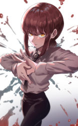 Rule 34 | 1girl, absurdres, black necktie, black pants, blood, blood splatter, braid, braided ponytail, business suit, chainsaw man, collared shirt, formal, gradient background, grey background, high-waist pants, highres, looking at viewer, makima (chainsaw man), monane4, necktie, neckwear request, office lady, pants, red hair, ringed eyes, shirt, shirt tucked in, sidelocks, smile, solo, standing, suit, white background, white shirt, yellow eyes
