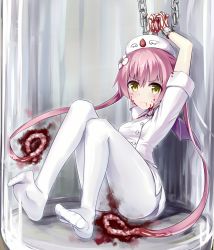 Rule 34 | 1girl, against wall, arms up, blood, blood on face, blush, bottle, buttons, chain, cuffs, demon wings, ebola-chan, encasement, feet, flower, full body, glass, guro, hair flower, hair ornament, hat, highres, in bottle, in container, jar, long hair, mini wings, no shoes, nurse, nurse cap, original, pantyhose, personification, pink hair, restrained, ruma imaginary, shackles, sitting, solo, tears, twintails, uniform, white pantyhose, wings, yellow eyes
