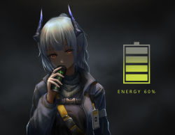 Rule 34 | 1girl, absurdres, arknights, bad id, bad pixiv id, badge, black background, black theme, blue hair, closed mouth, commentary request, dark, english text, female focus, head tilt, highres, holding, horns, liskarm (arknights), long sleeves, looking at viewer, monster energy, red eyes, solo, upper body, yurichtofen