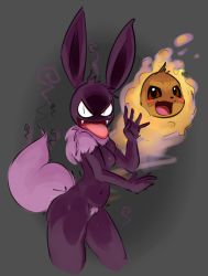 Rule 34 | 1girl, animal ears, black background, black eyes, blush, blush stickers, breasts, brown sclera, colored sclera, cowboy shot, creatures (company), cropped legs, eevee, elpatrixf, fangs, female focus, fox tail, furry, furry female, fusion, game freak, gastly, gen 1 pokemon, ghost, hands up, highres, looking at viewer, navel, nintendo, nipples, open mouth, personification, pokemon, pokemon (creature), pubic hair, simple background, small breasts, smile, standing, tail, tongue, tongue out