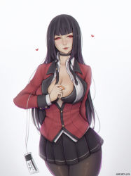 Rule 34 | 1girl, absurdres, bad id, bad pixiv id, badge, black bra, black hair, black pantyhose, black skirt, blunt bangs, bra, breasts, choker, cleavage, collared shirt, commentary, english commentary, heart, highres, hime cut, holding, jabami yumeko, jacket, kakegurui, large breasts, lips, liya nikorov, long hair, long sleeves, looking at viewer, looking to the side, loose neckwear, mole, mole on breast, name tag, neck ribbon, open clothes, open shirt, pantyhose, parted lips, pleated skirt, poker chip, red eyes, red jacket, school uniform, shirt, skirt, solo, unbuttoned, underwear, undone neck ribbon, white shirt