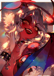 Rule 34 | 1girl, artist name, border, bracelet, collar, colored sclera, colored skin, commentary request, demon horns, demon wings, evil smile, eyelashes, fangs, glint, hazbin hotel, horns, jewelry, kawacy, lens flare, lens flare abuse, lipstick, looking at viewer, makeup, open mouth, pendant, red eyes, red skin, ring, silver hair, slit pupils, smile, solo, spiked bracelet, spikes, swept bangs, teeth, v-shaped eyebrows, verosika mayday, wings, yellow sclera