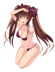 Rule 34 | 1girl, between legs, between thighs, bikini, bow, breasts, brown eyes, brown hair, checkered bikini, checkered clothes, cleavage, female focus, hair bow, hand between legs, himekaidou hatate, kneeling, kureha (ironika), long hair, looking at viewer, open mouth, pointy ears, seiza, shading eyes, simple background, sitting, skindentation, smile, solo, swimsuit, touhou, twintails