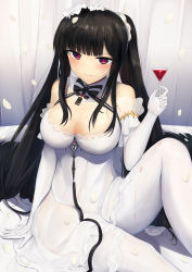 Rule 34 | 1girl, azur lane, bare shoulders, black bow, black bowtie, black hair, blunt bangs, blush, bow, bowtie, breasts, cleavage, cocktail glass, cup, detached collar, dress, drinking glass, elbow gloves, flower, gloves, hair ornament, highres, hime cut, lace, lace-trimmed dress, lace trim, large breasts, long hair, looking at viewer, nori aji, official alternate costume, pantyhose, peter strasser (a moment frozen in pure white) (azur lane), peter strasser (azur lane), purple eyes, rose, see-through, see-through dress, smile, solo, twintails, white dress, white flower, white gloves, white pantyhose, white rose