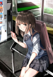 Rule 34 | 1girl, absurdres, between legs, blue sweater vest, blush, bow, bowtie, brown eyes, brown hair, cellphone, commentary request, cropped legs, earbuds, earphones, hand between legs, highres, holding, holding phone, instrument case, looking at viewer, medium hair, miniskirt, on railing, original, phone, plaid, plaid bow, plaid bowtie, plaid neckwear, plaid skirt, railing, school uniform, shirt, sidelocks, signature, sitting, skirt, sleeves past elbows, sleeves rolled up, smartphone, smile, solo, soragane (banisinngurei), sweater vest, train, train station, train station platform, uniform, vending machine, white shirt