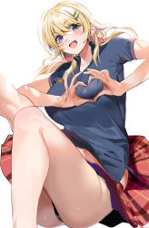 Rule 34 | 1girl, absurdres, ahoge, blonde hair, blue eyes, blue shirt, blush, breasts, hachimiya meguru, hair ornament, hairclip, heart, heart-shaped boob challenge, heart hands, highres, idolmaster, idolmaster shiny colors, large breasts, long hair, looking at viewer, low twintails, marushin (denwa0214), open mouth, plaid, plaid skirt, polo shirt, red skirt, shirt, skirt, smile, thighs, twintails, white background